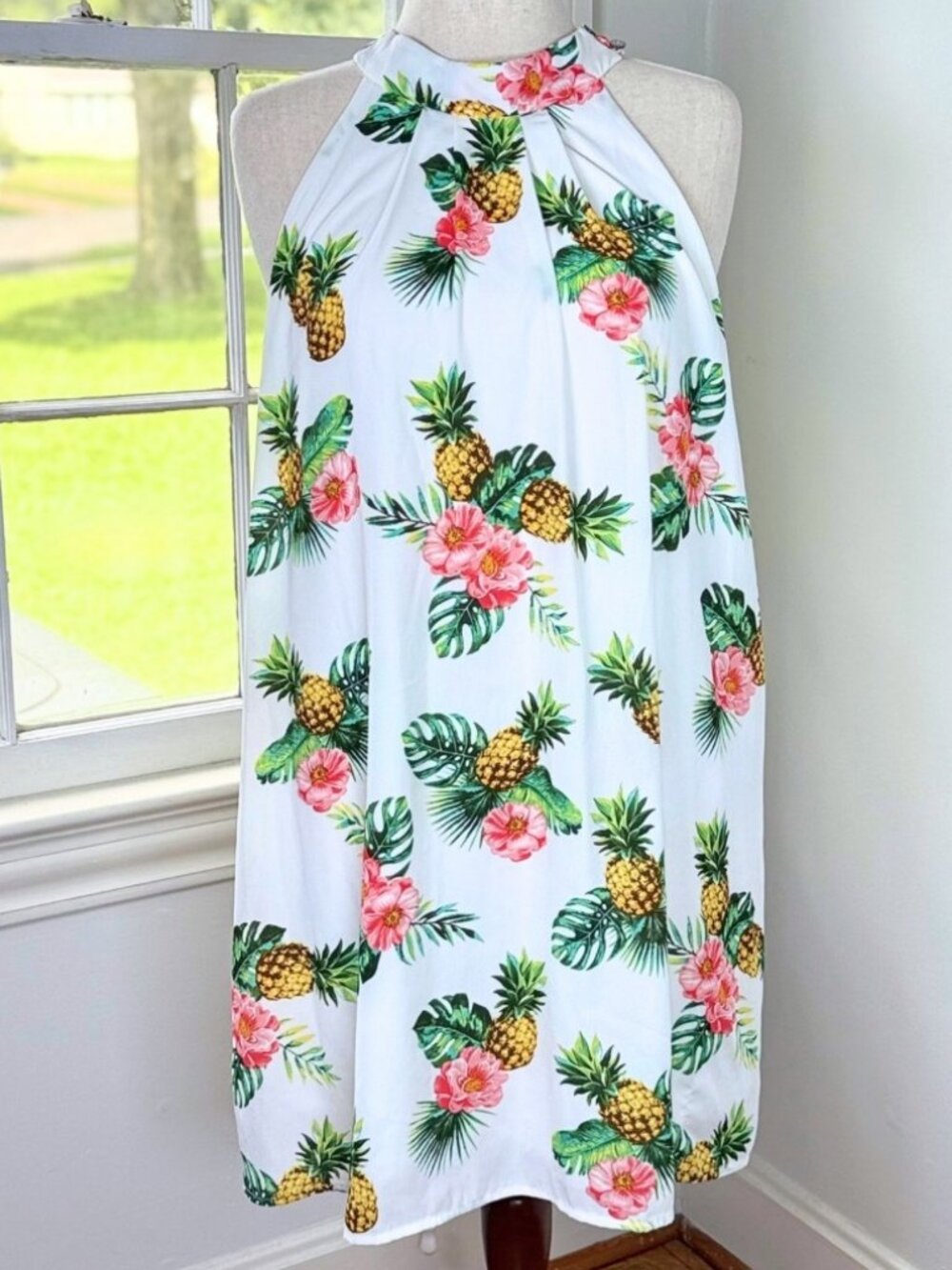 NWT Pineapple Print White Flowy Halter Mini Dress Large Bridal Summer Vacation